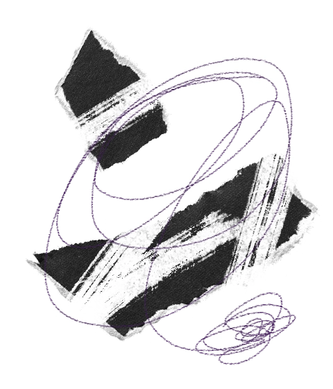 A collage of torn black paper, white paint strokes and purple scribbles