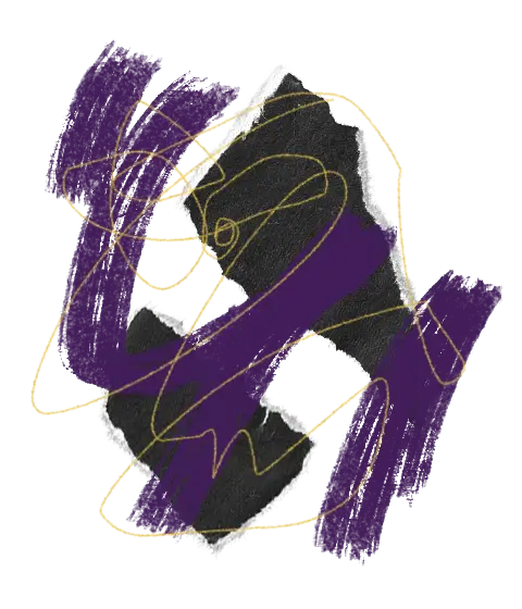 A collage of torn black paper, purple paint strokes and yellow scribbles